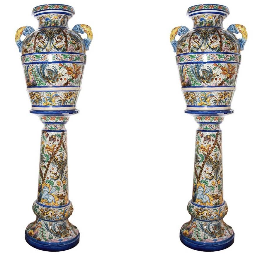 Pair of Hand-Painted Italian Ceramic/Majolica Large Urns with Matching Pedestal For Sale