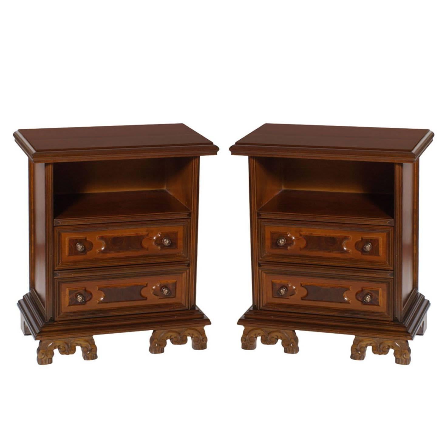 Pair 1930 Tuscany Florence Renaissance Nightstands in Walnut by Michele Bonciani For Sale