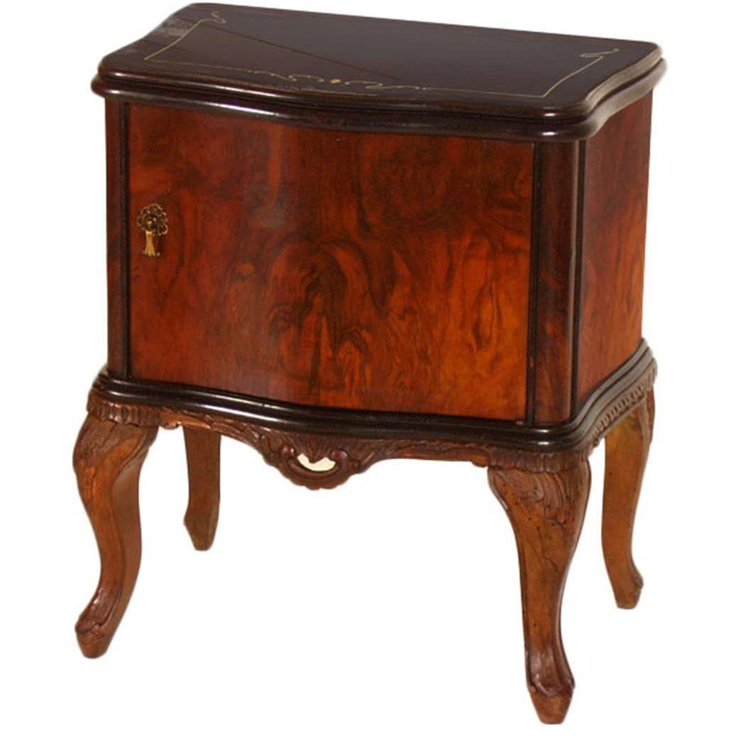Venetian Early 20th Century Baroque Nightstand Hand-Carved Walnut, Burl Restored For Sale