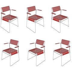Set of Six Midcentury Postmodern Red Tomado Mesh Dining Chairs from Holland