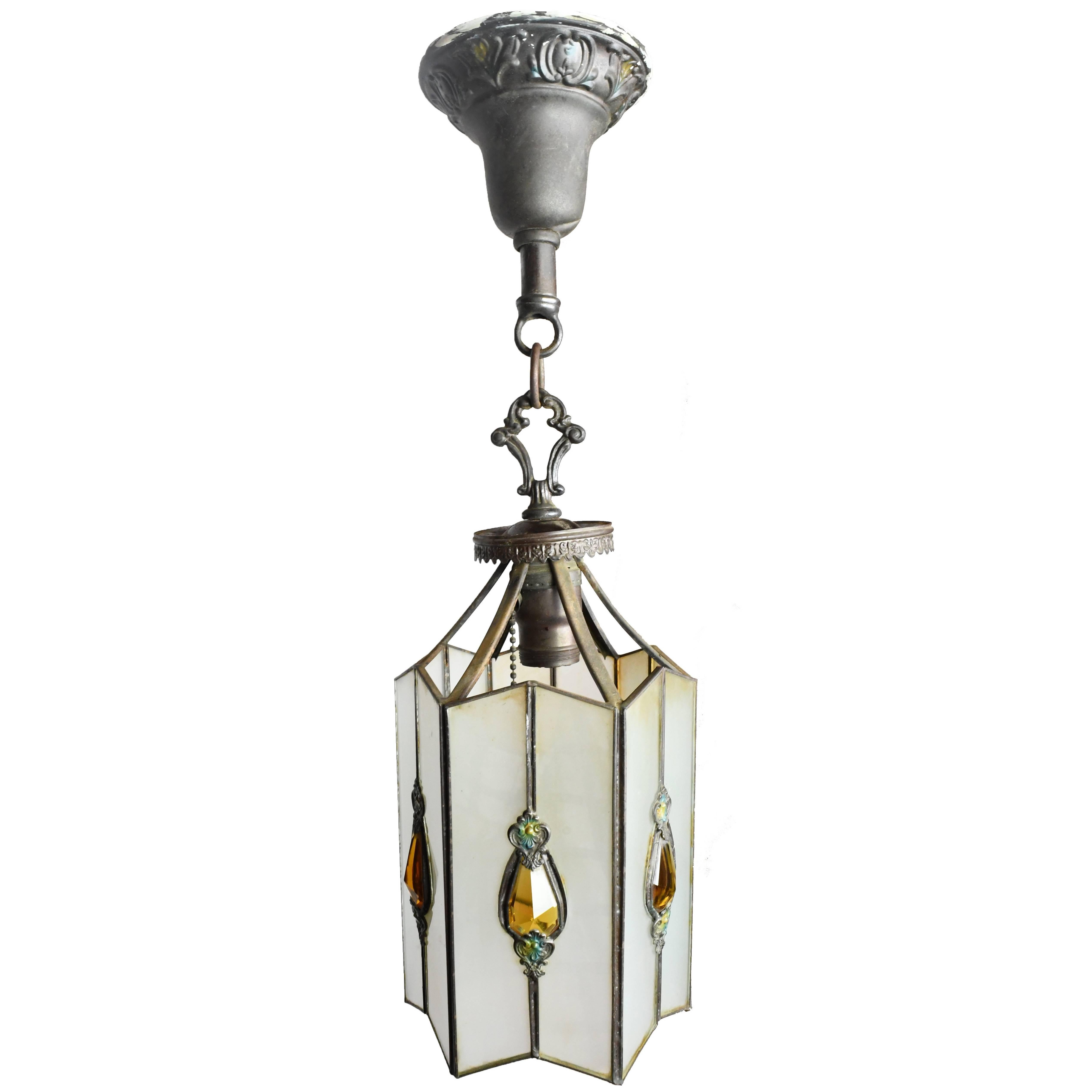 Leaded Glass Pendant with Amber Teardrops, circa 1930