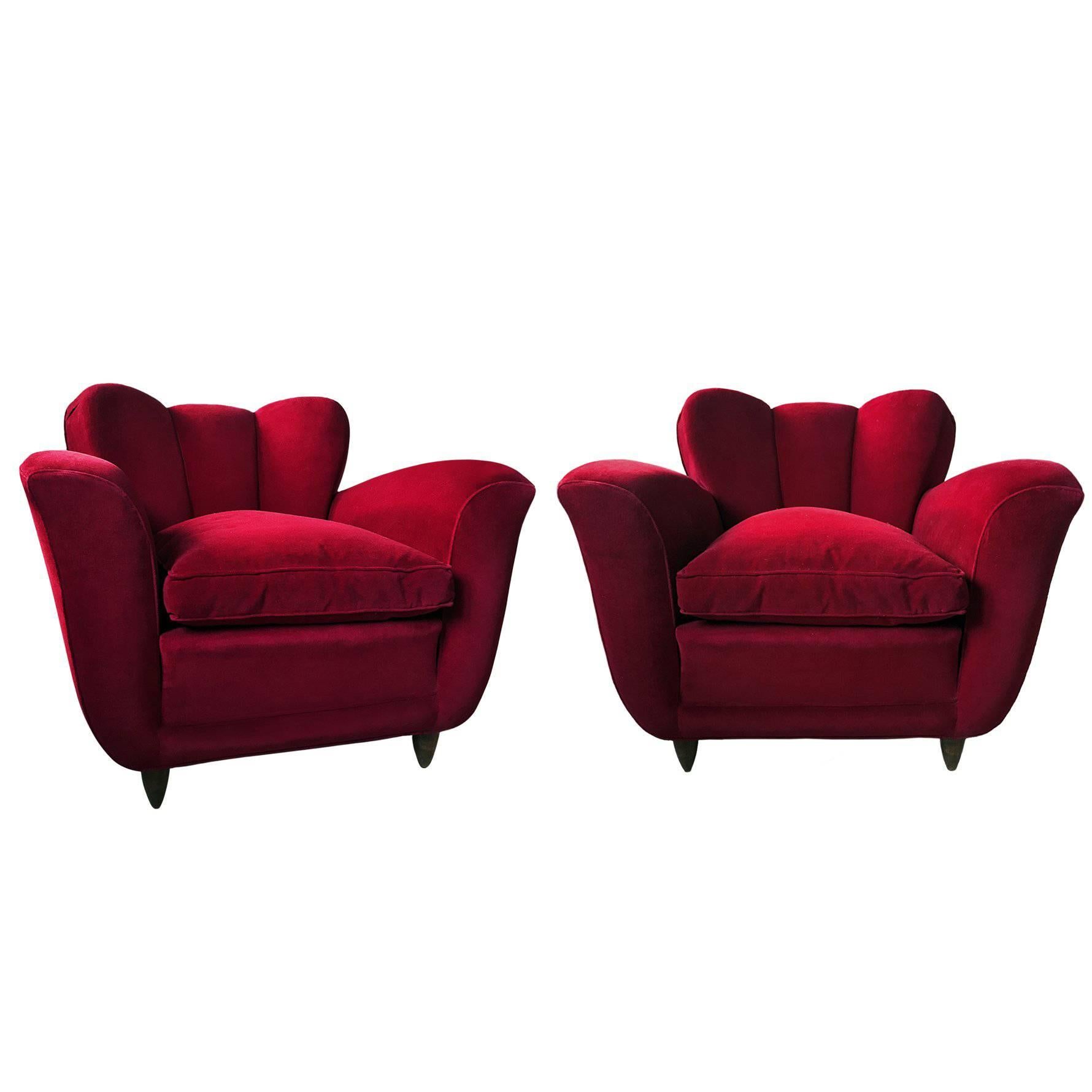 Italian Armchairs Red Velvet attributable to Guglielmo Ulrich, 1950s, Set of 2