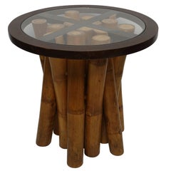 Mid Century Round Bamboo and Glass Side Table, Organic Modern circa 1970