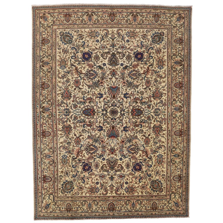 Vintage Persian Tabriz Area Rug With French Country Chippendale