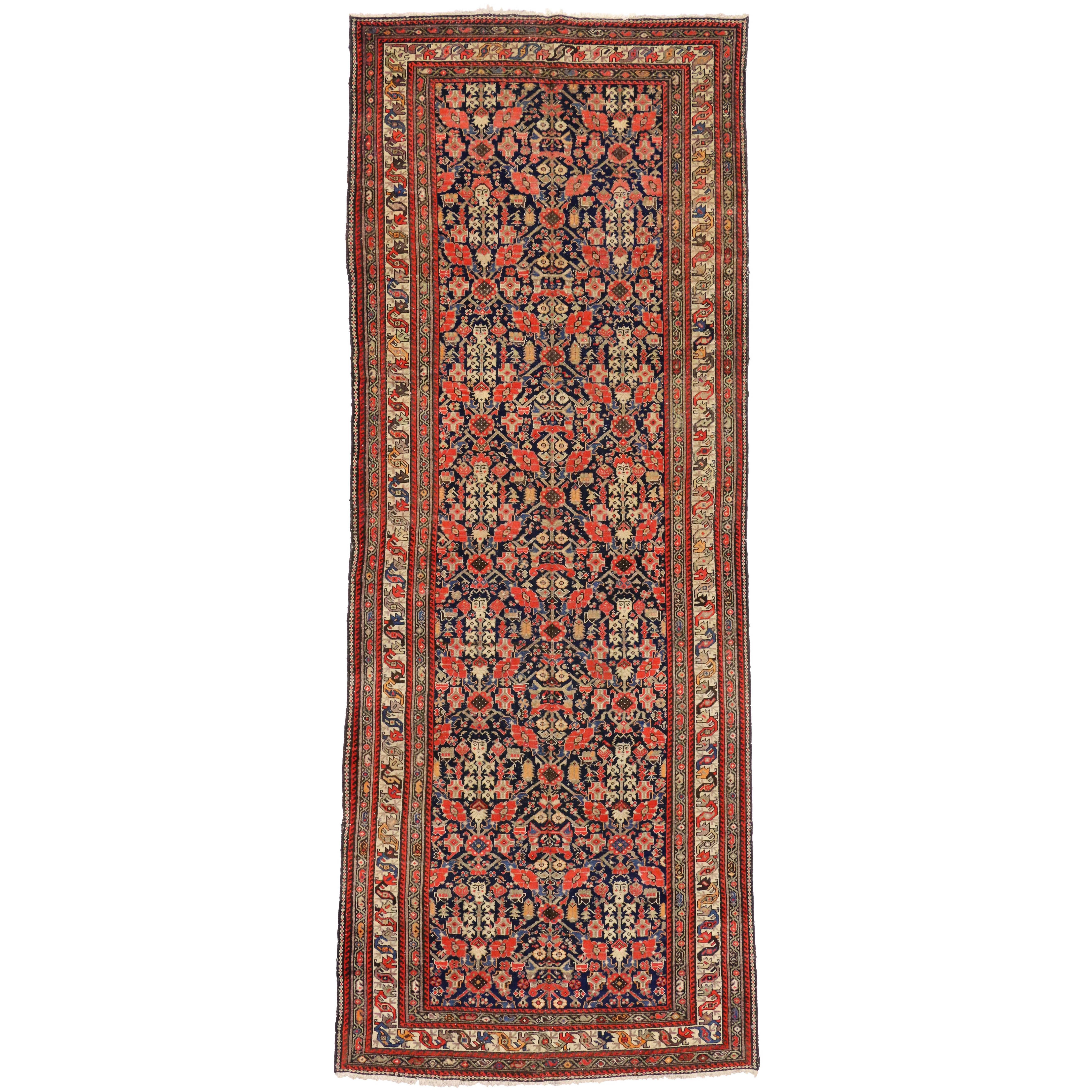 Antique Persian Malayer Gallery Rug with Guli Hannai Flower, Wide Hallway Runner