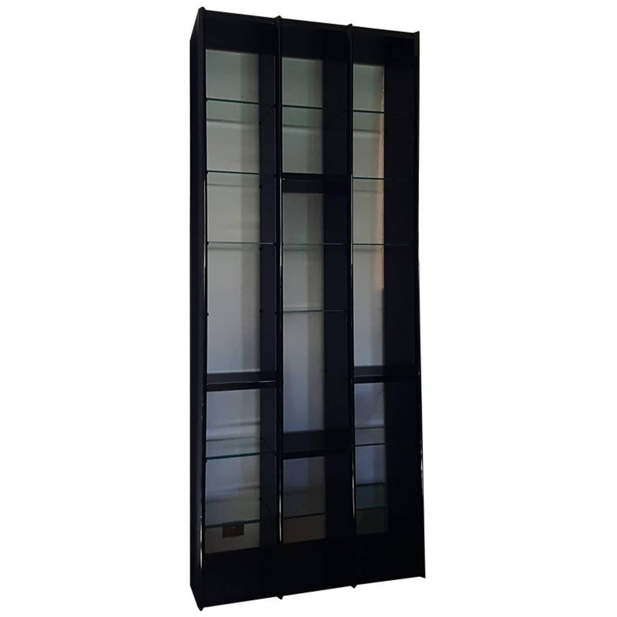 Giotto Stoppino Italian Black Lacquered  Bookcase with Crystal Glass Shelves