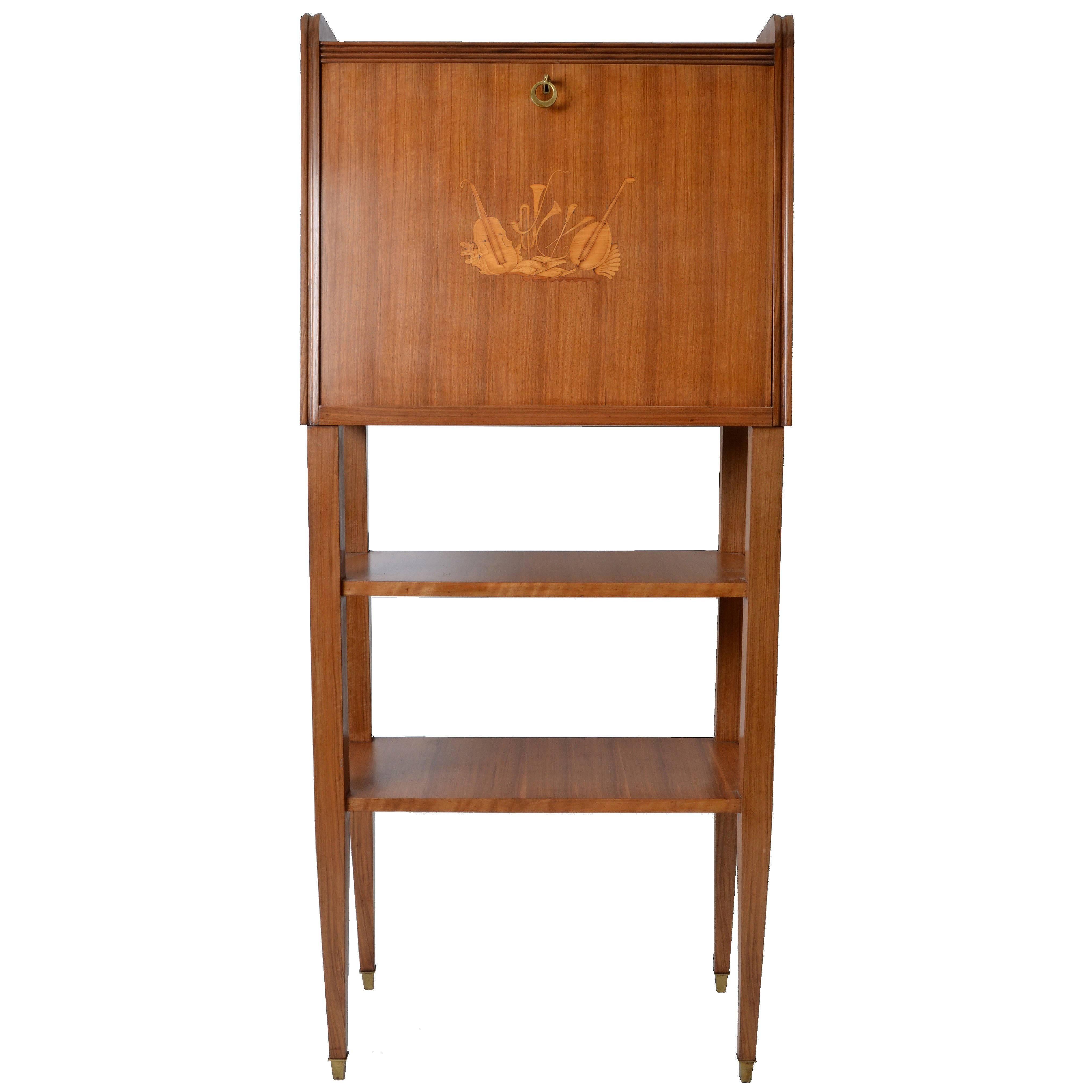 Italian Art Deco Wooden High Bar Dry Bar Cabinet Brass Sabots Hinged Drop-Door For Sale