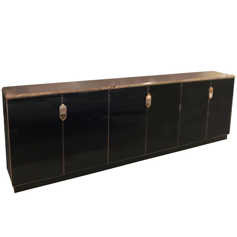Black Glass Sideboard with Brass Details and Speckled Granite Top