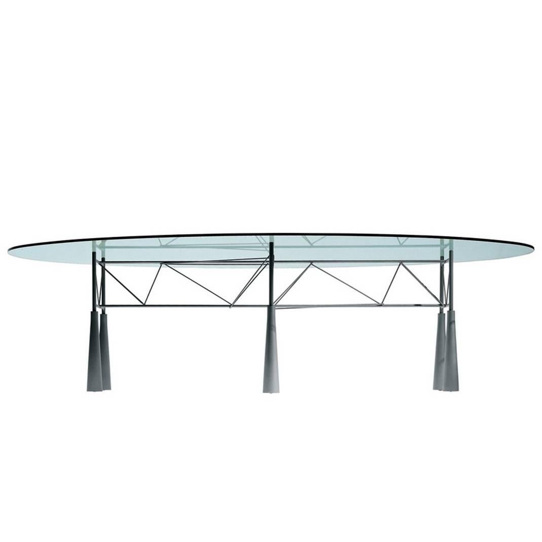 Table « Lybra » en verre trempé et acier conçue par Elliott Littman pour Driade