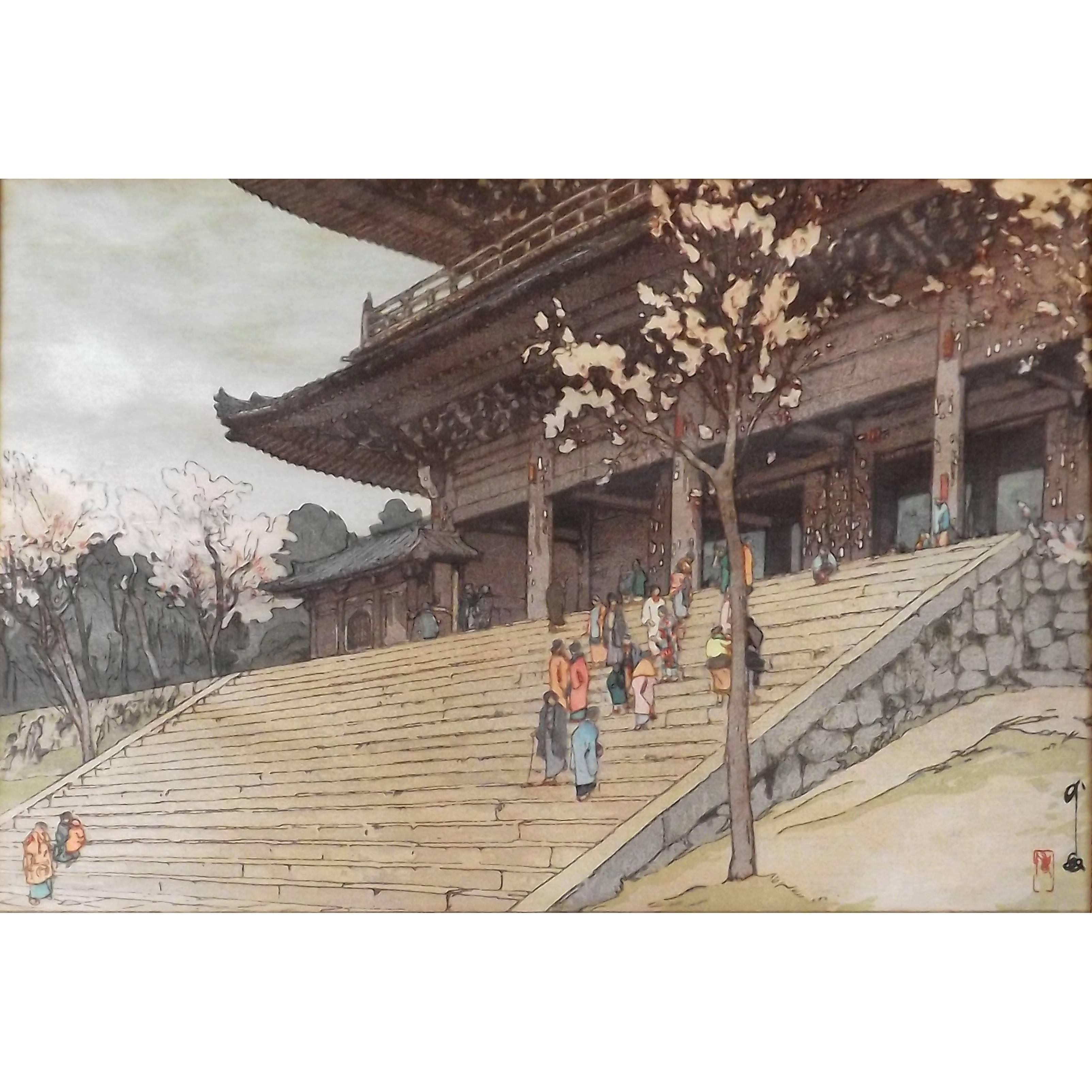 Japanese Woodblock Print of Chion-In Temple Gate by Hiroshi Yoshida For Sale