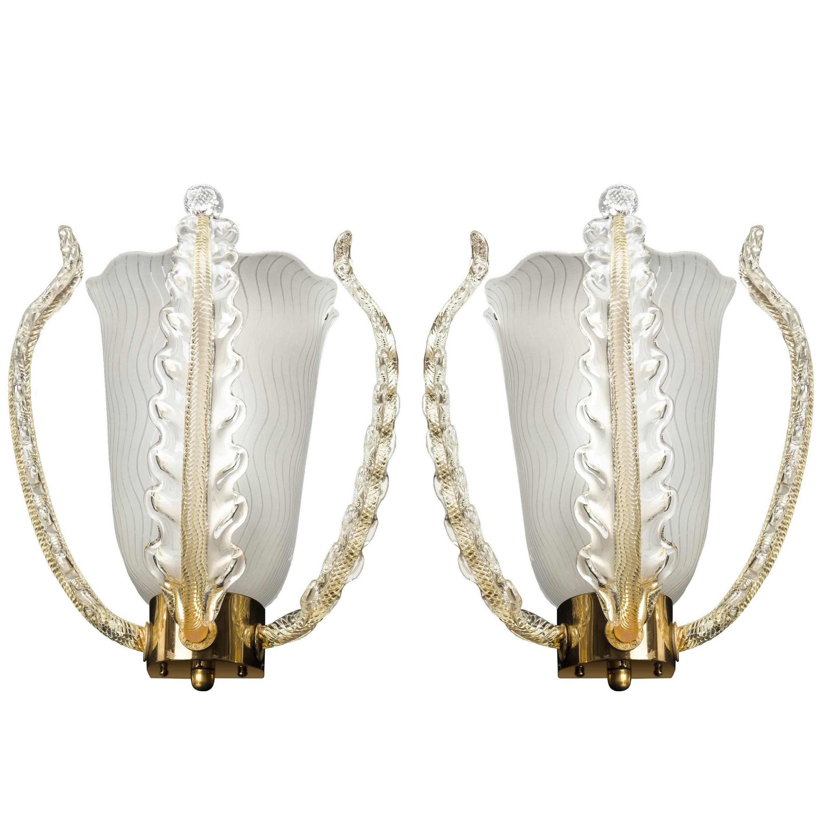 Pair of Orrefors Brass and Glass Leaf Sconces For Sale