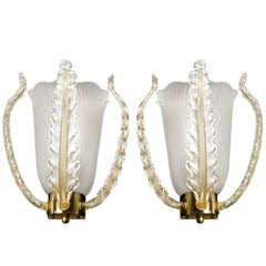 Pair of Orrefors Brass and Glass Leaf Sconces