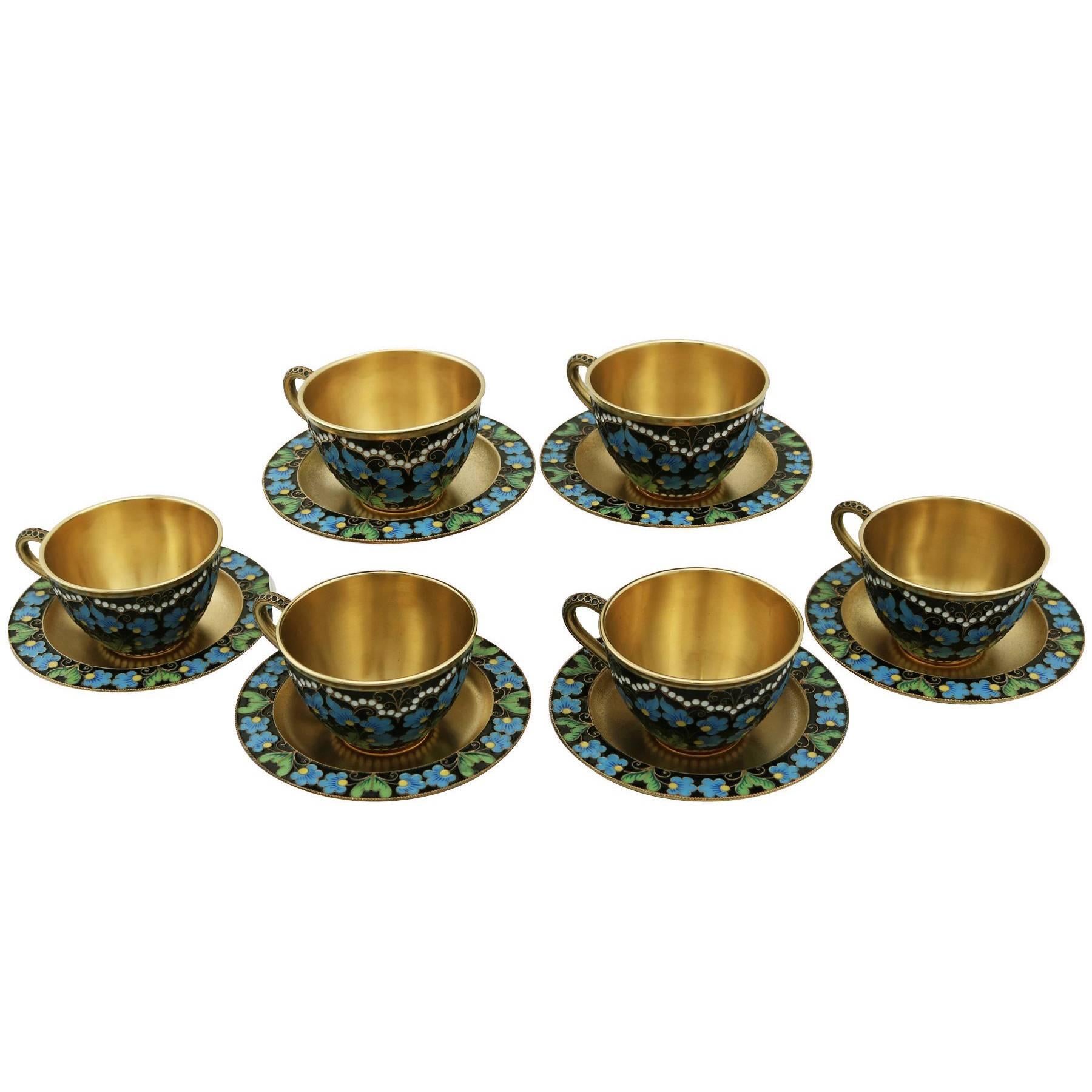 1970s Russian Silver Gilt and Polychrome Cloisonné Enamel Cups and Saucers Set