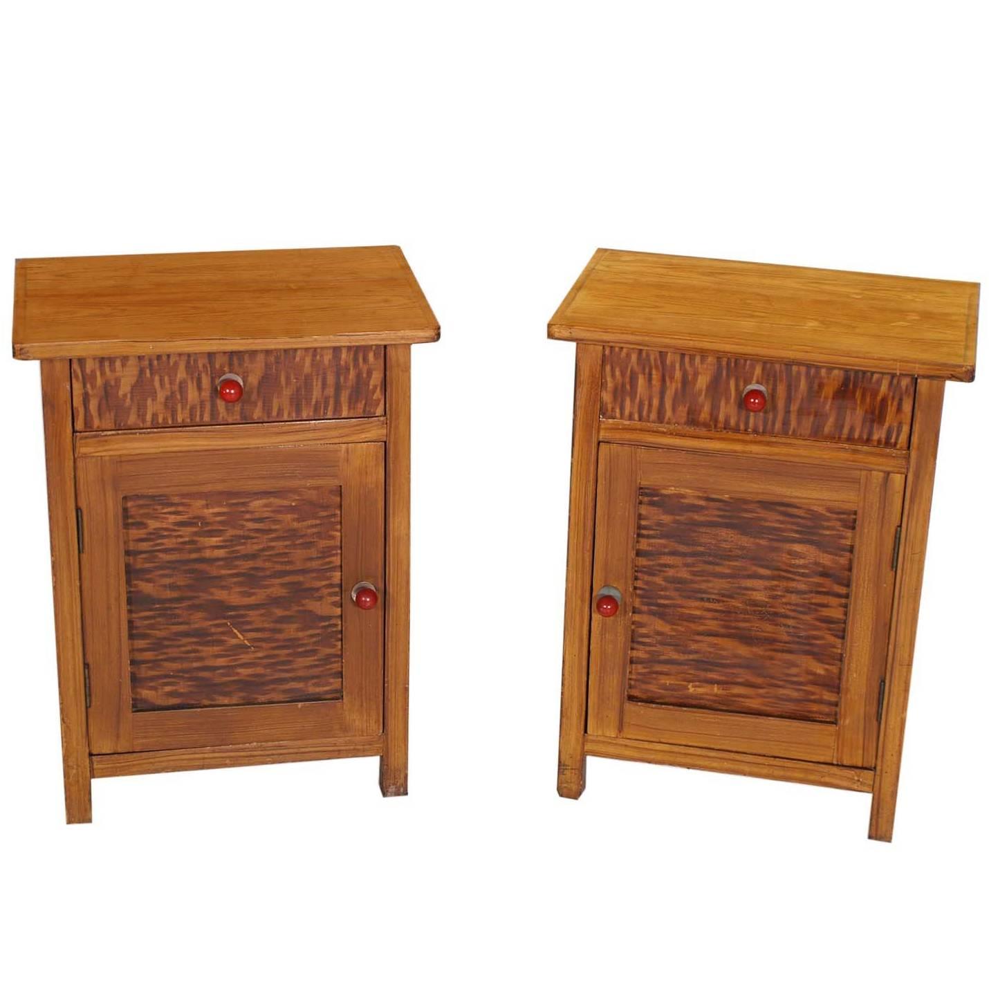 Art Deco Country Tyrol Two Hand Decorated Nightstands, solid larch Wax Polished For Sale