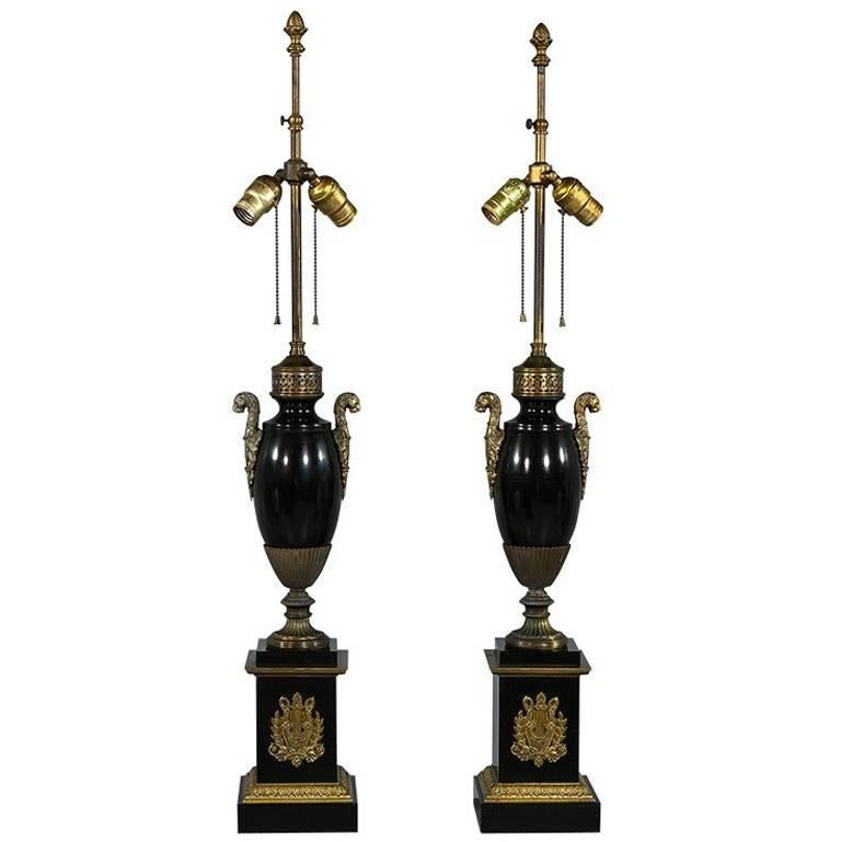 Pair of Marble and Bronze Regency Antique Table Lamps