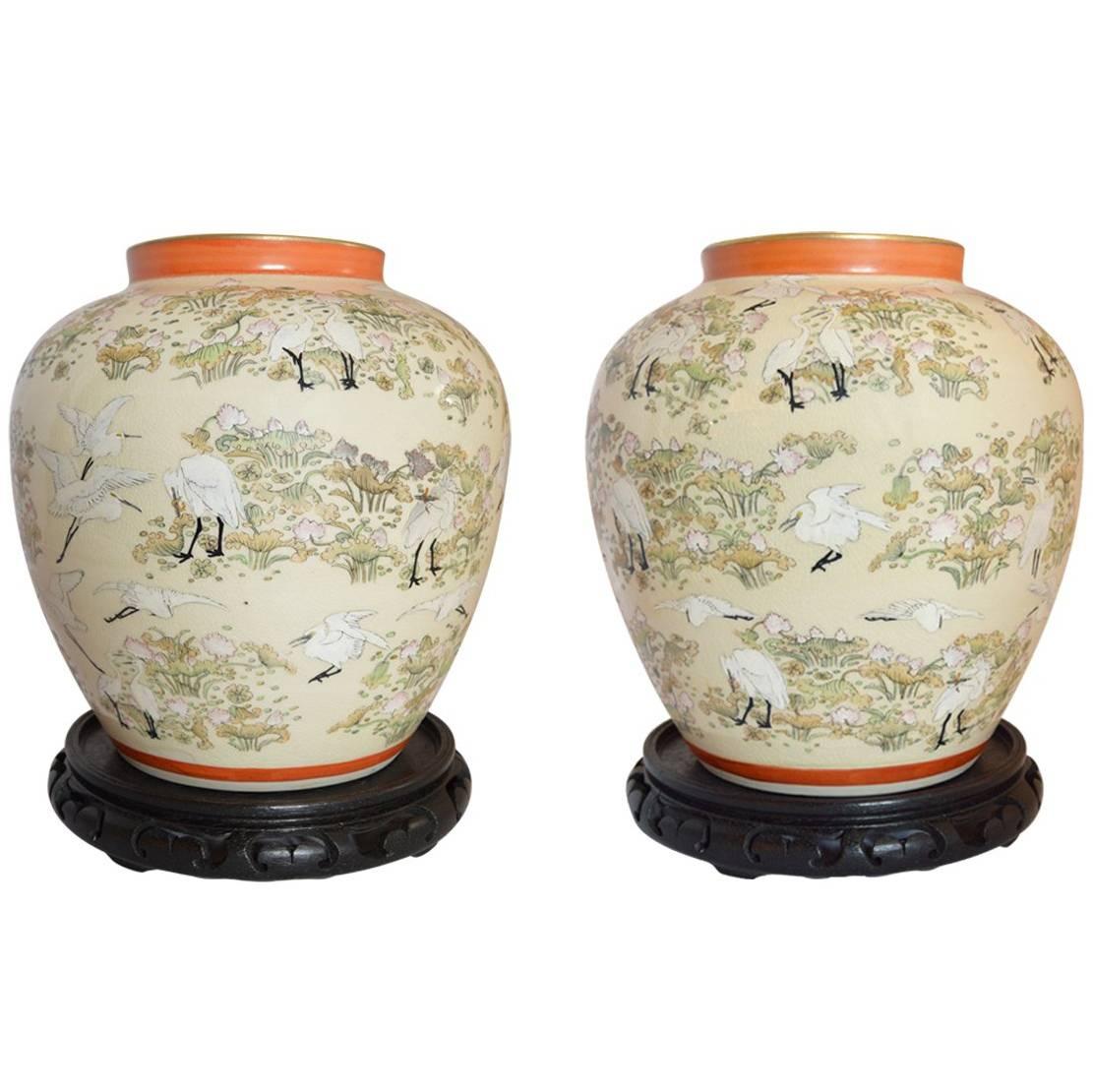 Pair of Antique Japanese Satsuma Jars with Stands