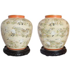 Pair of Antique Japanese Satsuma Jars with Stands