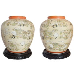 Pair of Antique Japanese Satsuma Jars with Stands