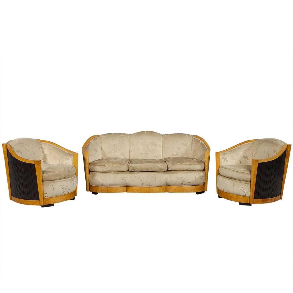Vintage French Art Deco Parlor Set , Sofa and Two Chairs