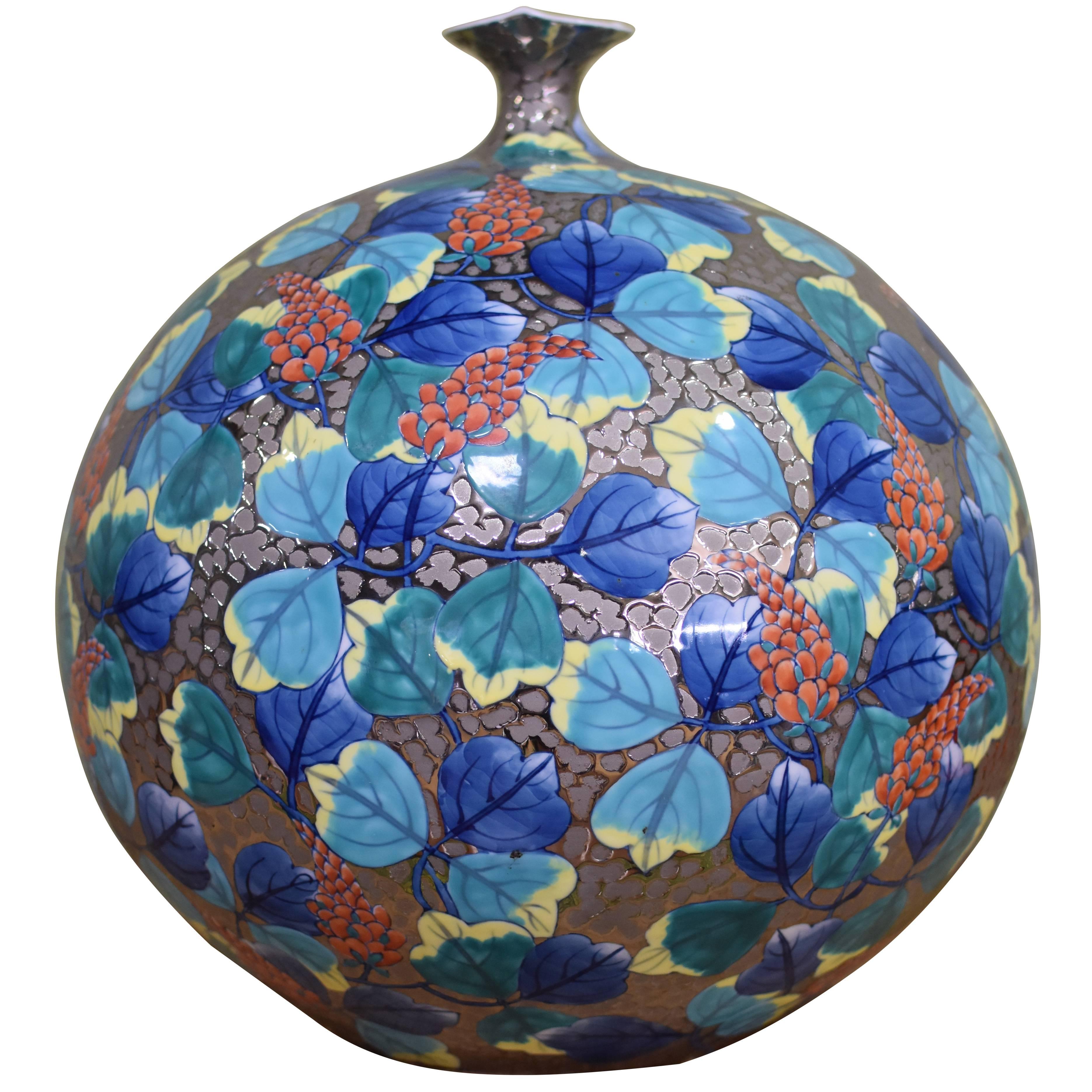 Vaso contemporaneo giapponese in porcellana verde blu platino di un maestro artista, 4 in vendita