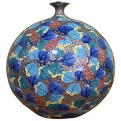 Vintage Japanese Contemporary Platinum Green Blue Porcelain Vase by Master Artist, 4