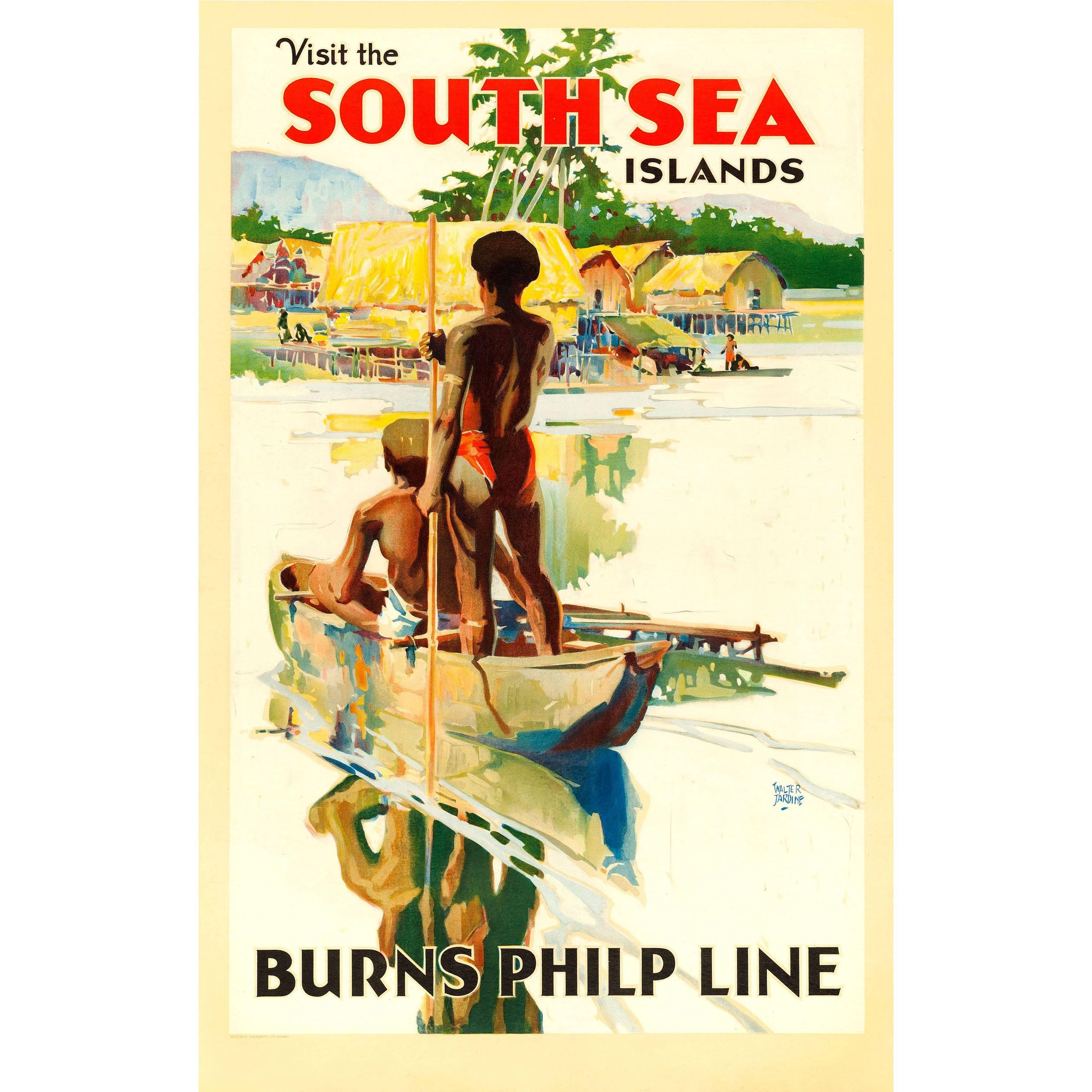 Original Vintage Burns Philp Line Shipping Poster - Visit The South Sea Islands For Sale