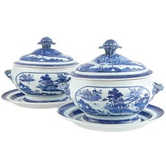 Antique Chinese Export Nanking Blue and White Porcelain Soup Tureens, Covers and Stands