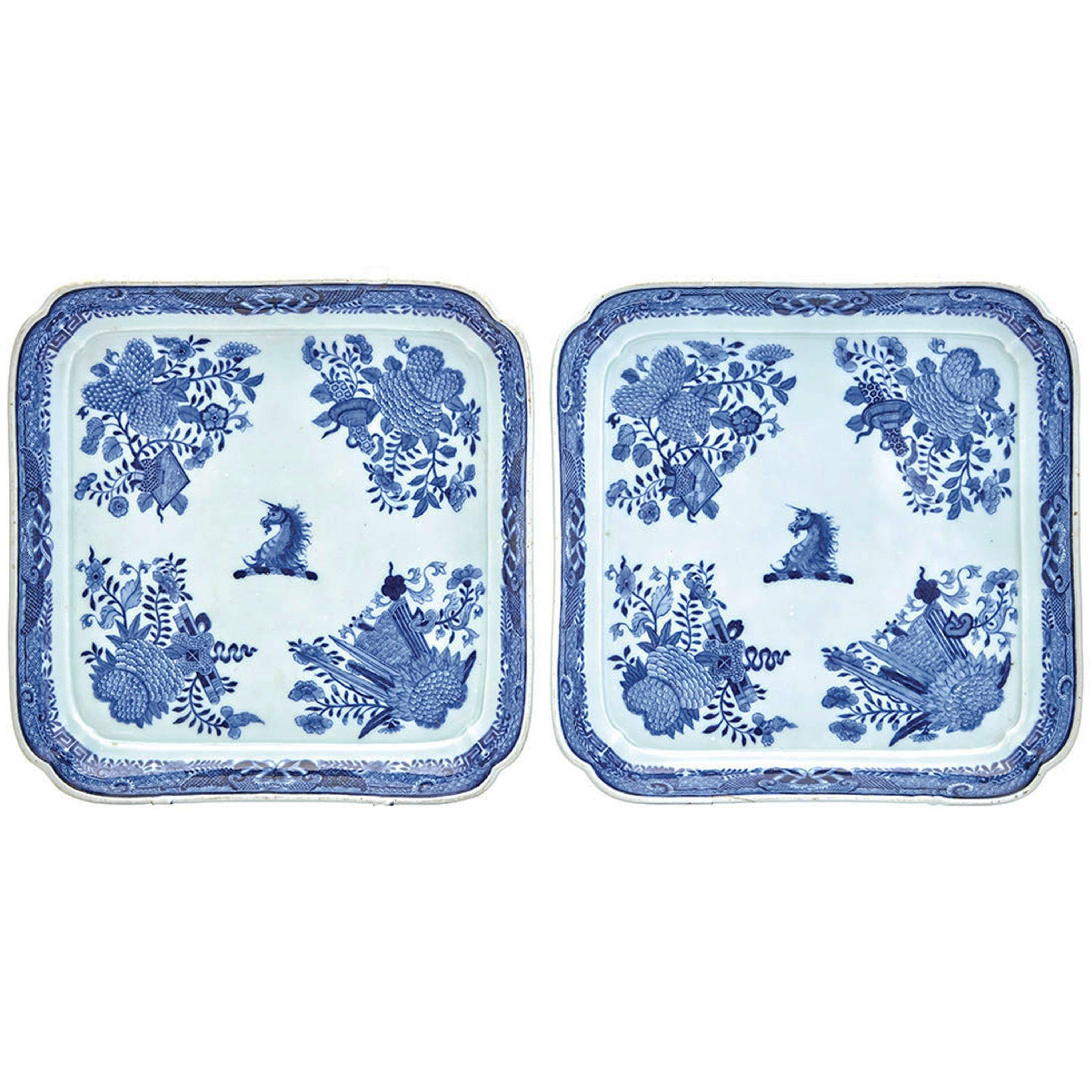 Chinese Export Crested Blue Fitzhugh Footed Trays, Beale Family, circa 1800