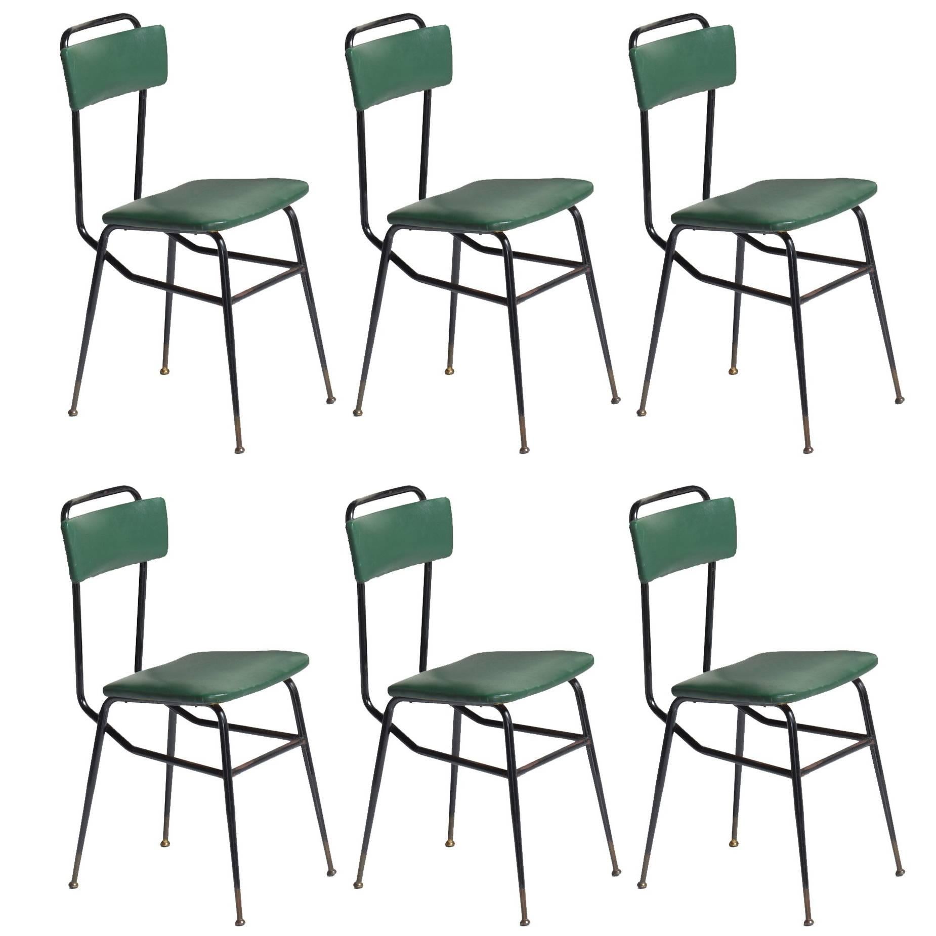 Set of Six Black Metal and Army Green Dining Chairs, circa 1950