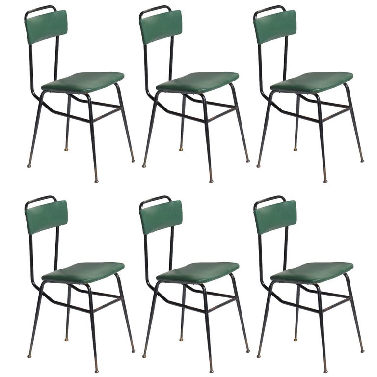 Set of Six Black Metal and Army Green Dining Chairs, circa 1950 at 1stDibs