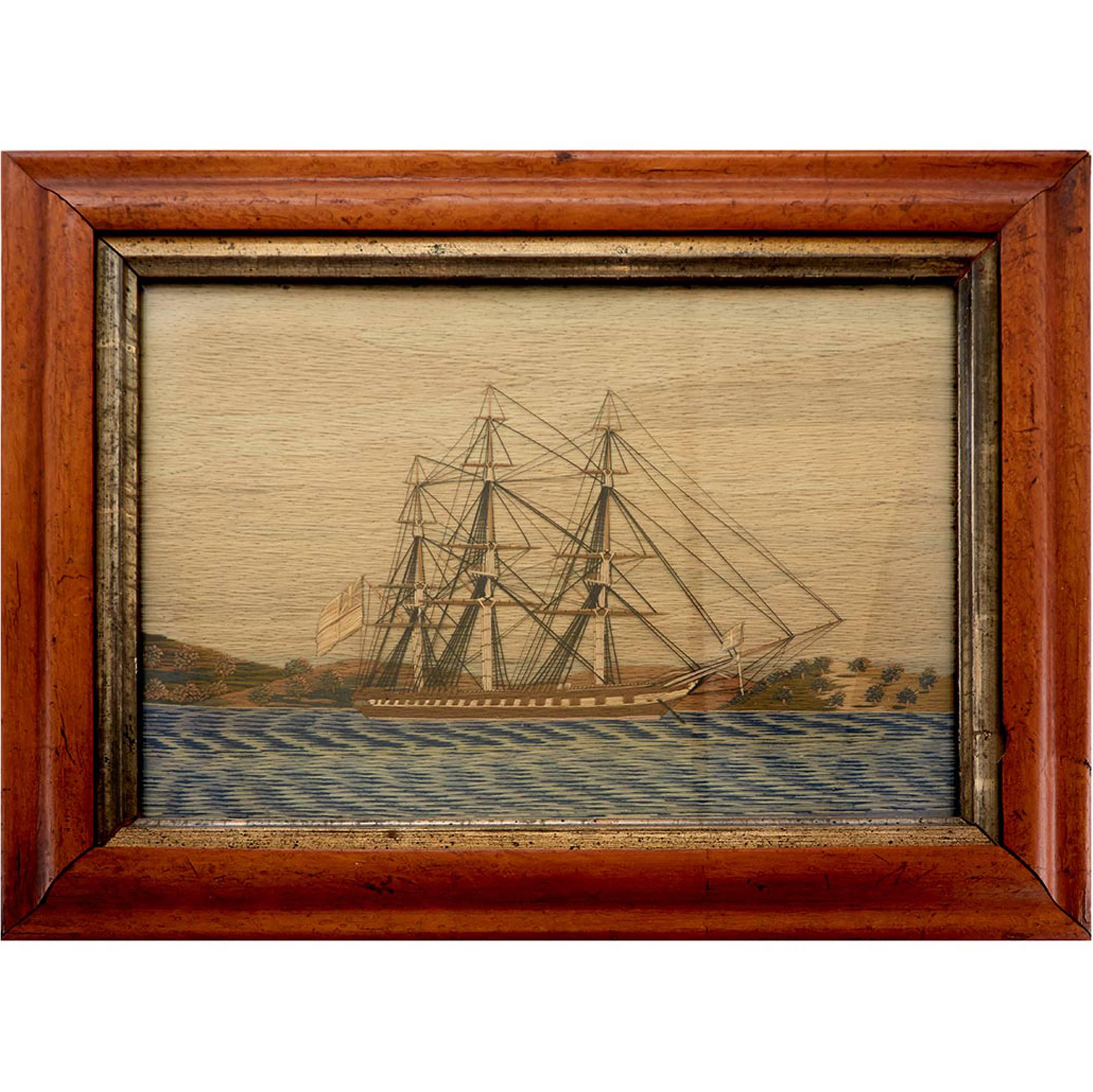 Sailor's Woolwork Picture of Royal Navy Frigate with Land in Background