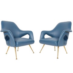 Pair of Italian Modern Lounge Chairs in Blue Vinyl