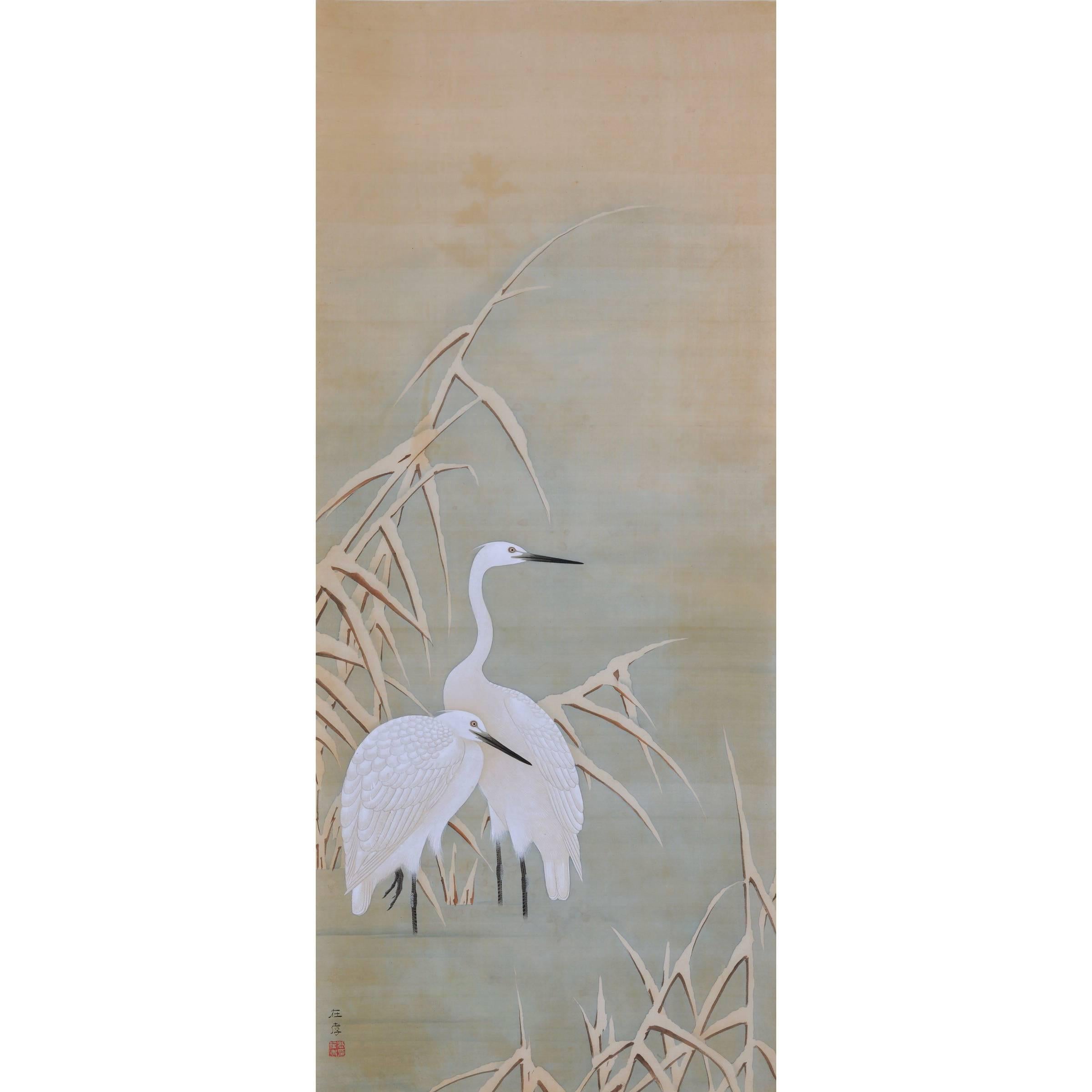 19th Century Japanese Bird and Flower Painting, Herons and Reeds, Hara School