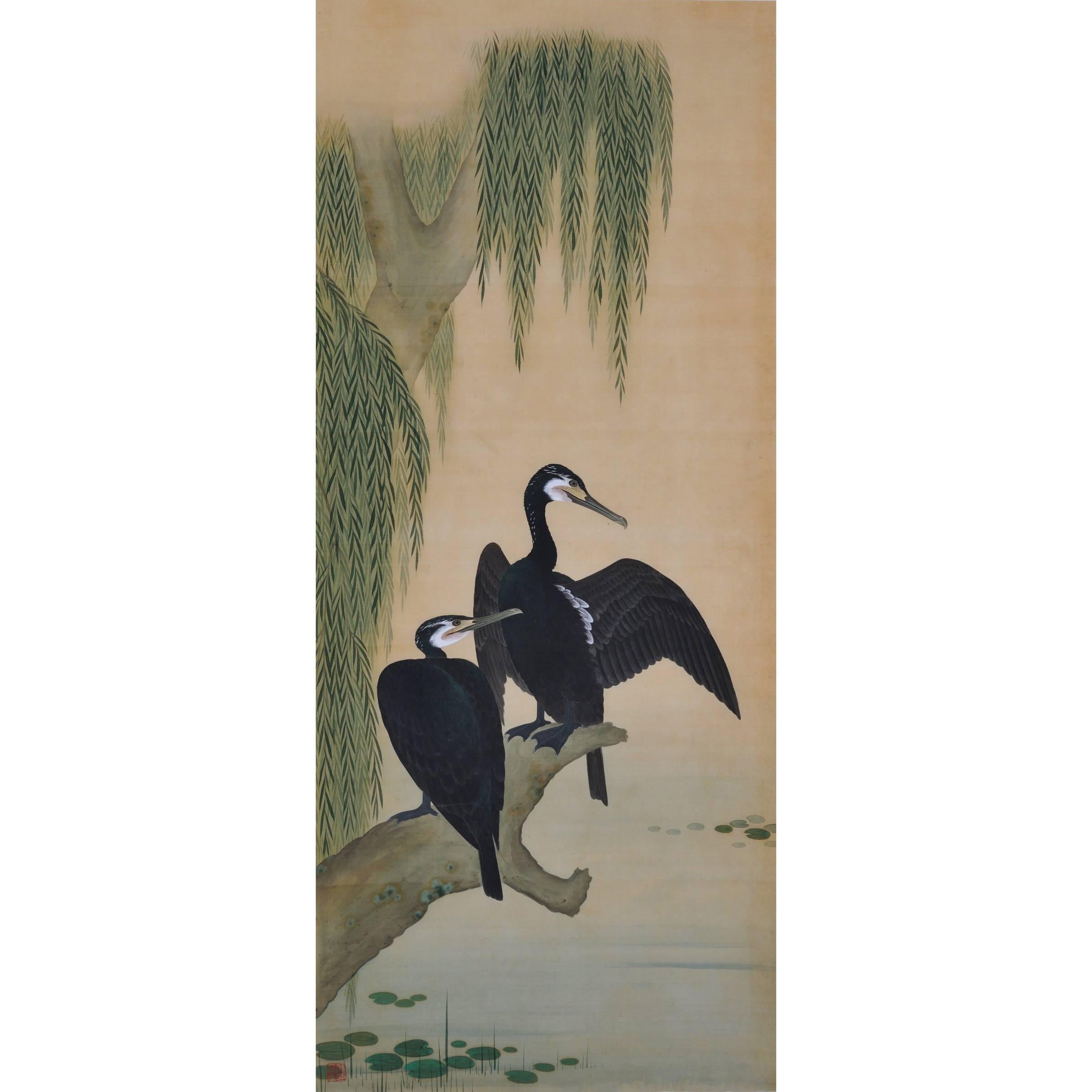 19th Century Japanese Bird and Flower Painting, Cormorants and Willows