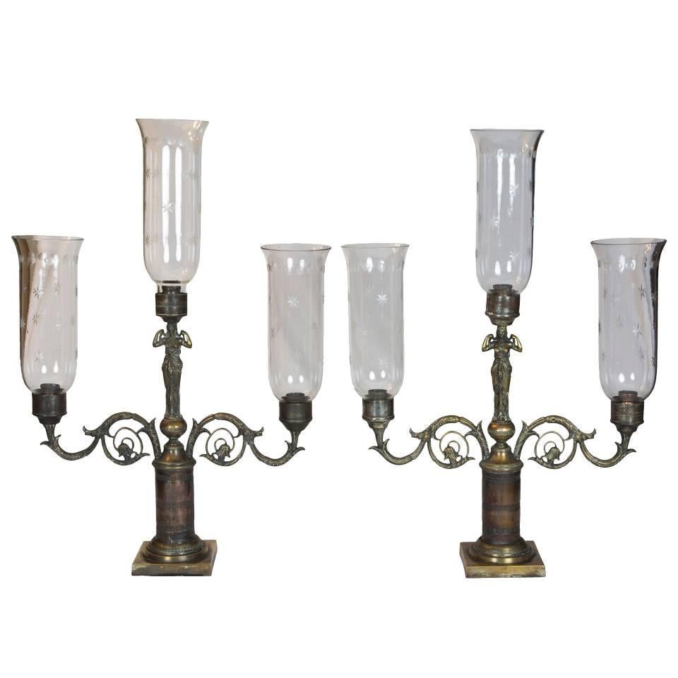 Pair of Three-Glass Classical Figural Lighting Candelabrum, circa 1830-1840 For Sale