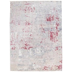 Contemporary Handmade Rug in Silk and Wool Beige and Burgundy Shades