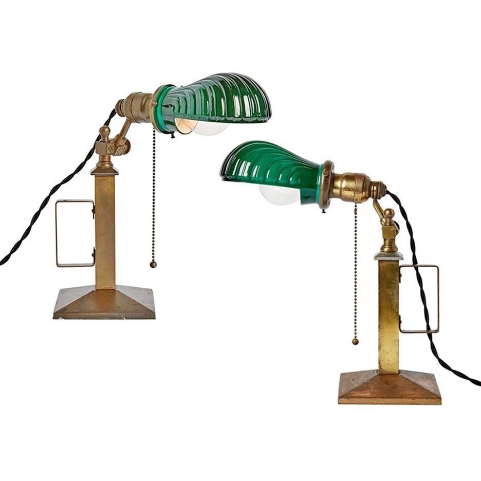 Pair of Beardslee Lamps with Emeralite Clamshell Shades, circa 1905 For Sale