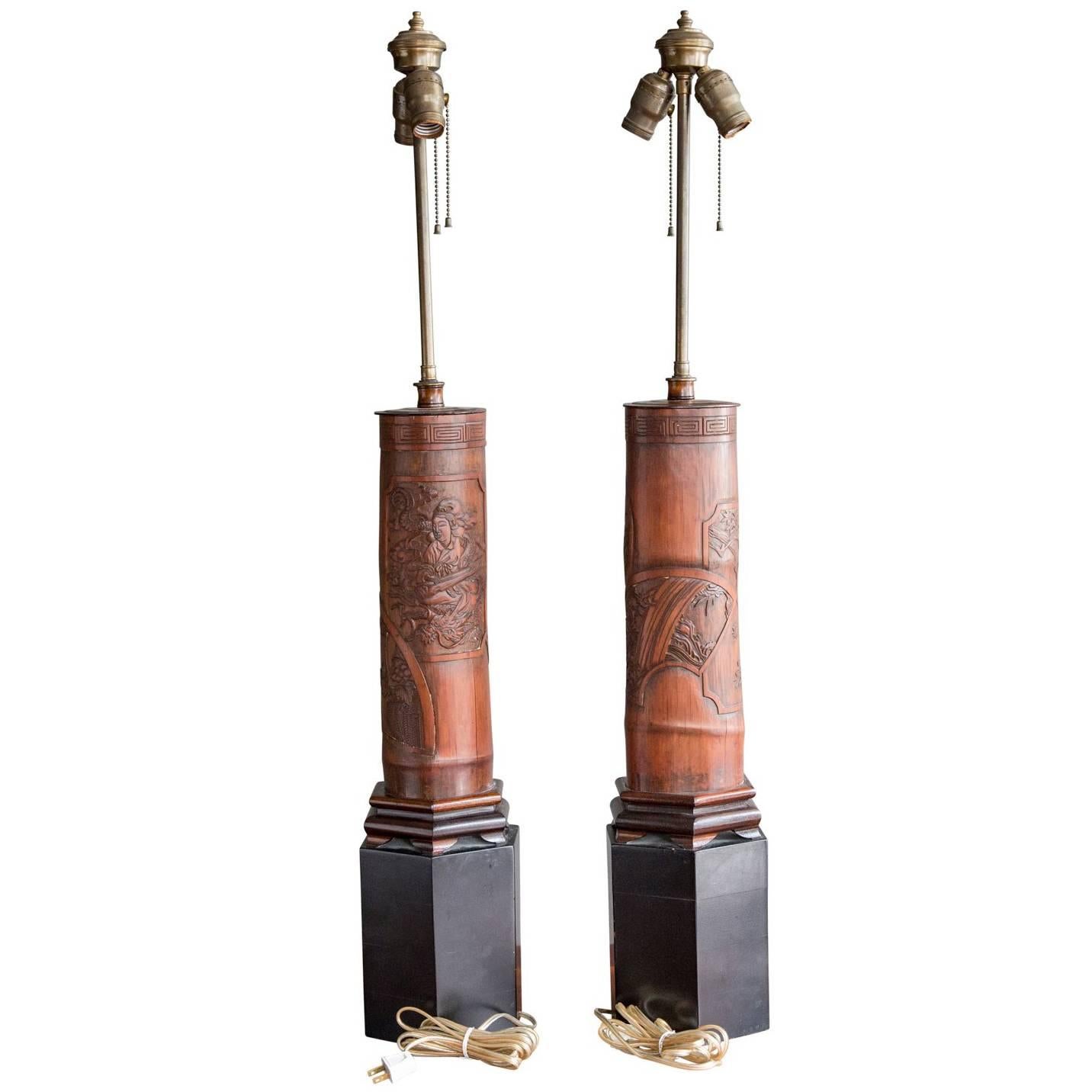 Antique Chinese Carved Bamboo Table Lamps For Sale
