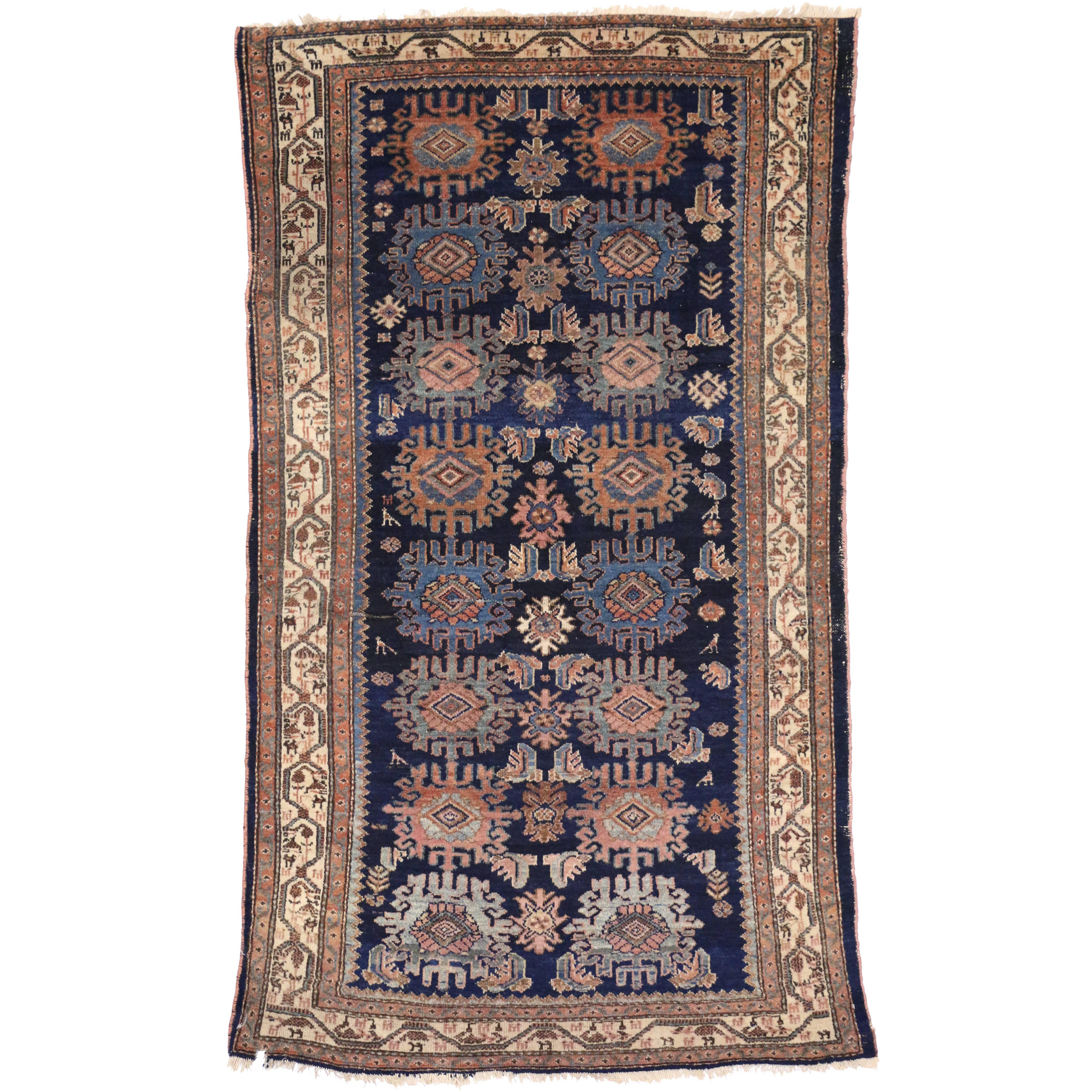Traditional Style Antique Persian Malayer Rug with Large-Scale Geometric Print