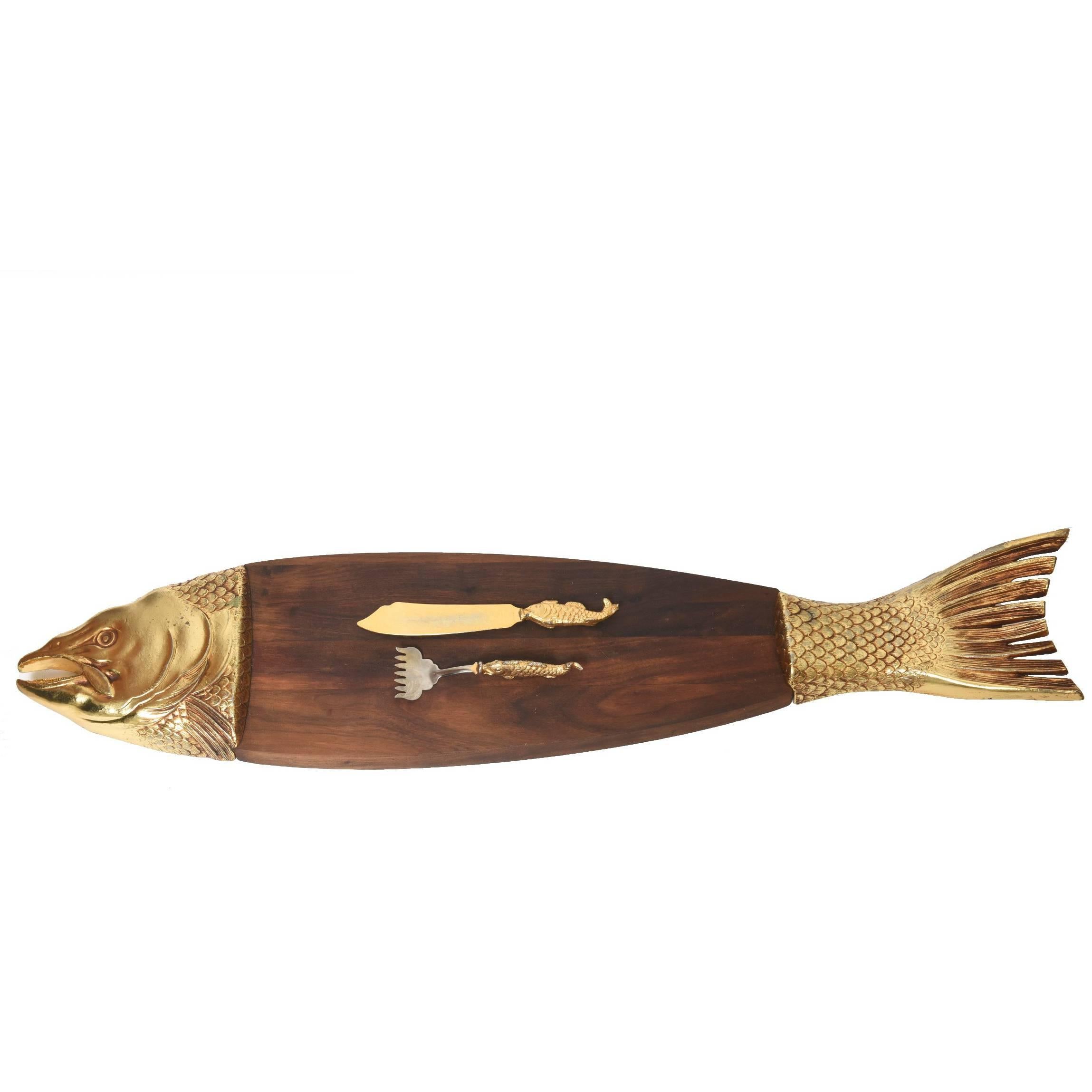 Mid-20th Century Teak Fish Platter with Gold Tone Fish Serving Fork and Knife