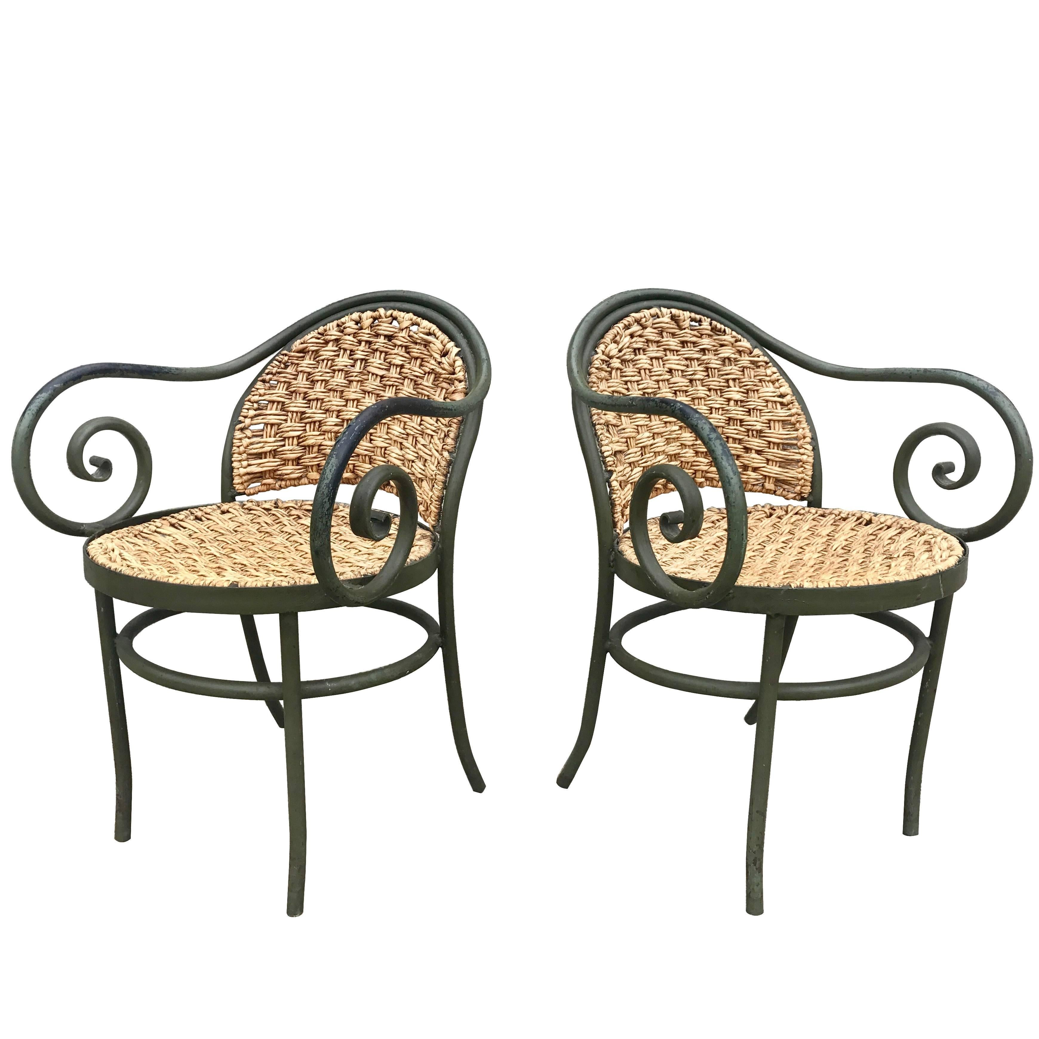 Chic Pair of 1950s French Iron and Rush Armchairs After Thonet