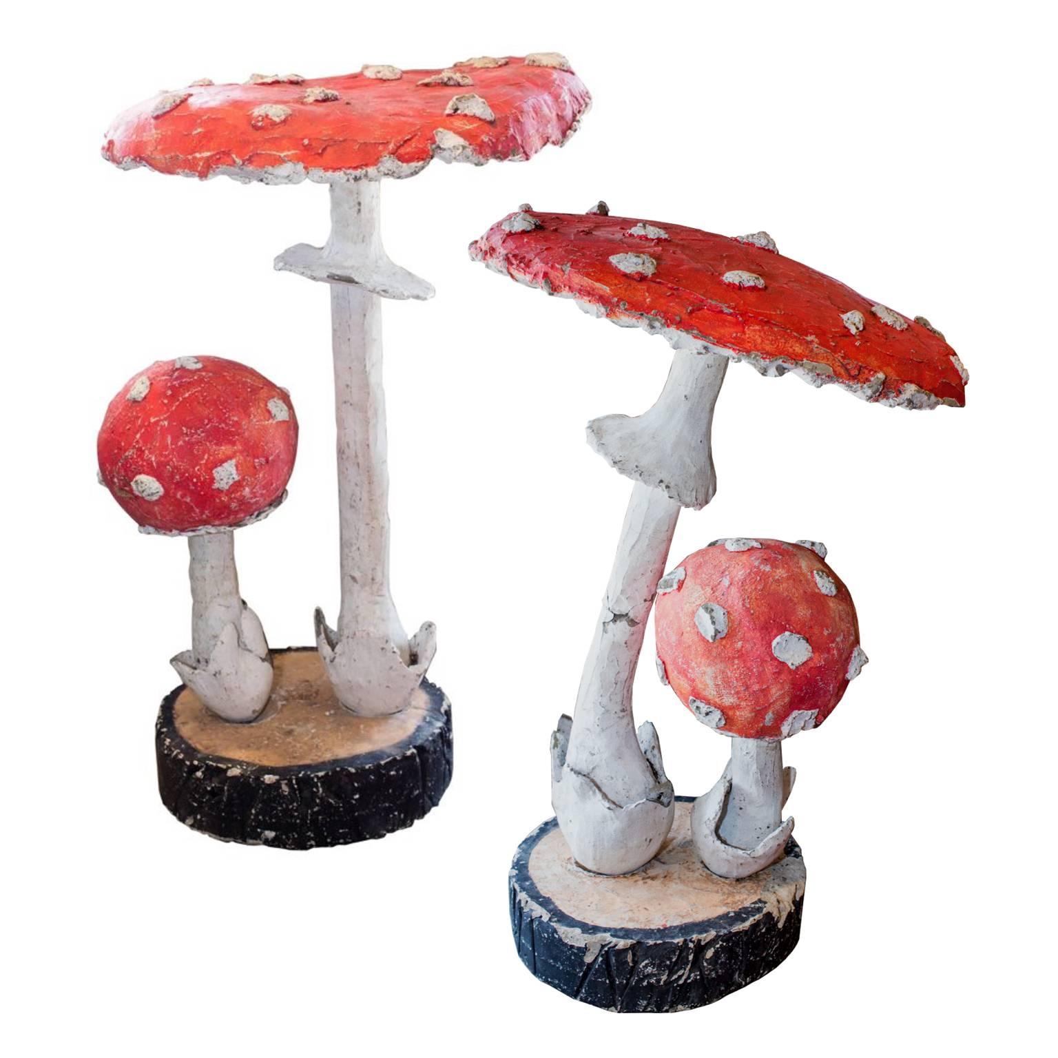 Pair of Midcentury French Faux Bois Mushroom Ornaments Found in France