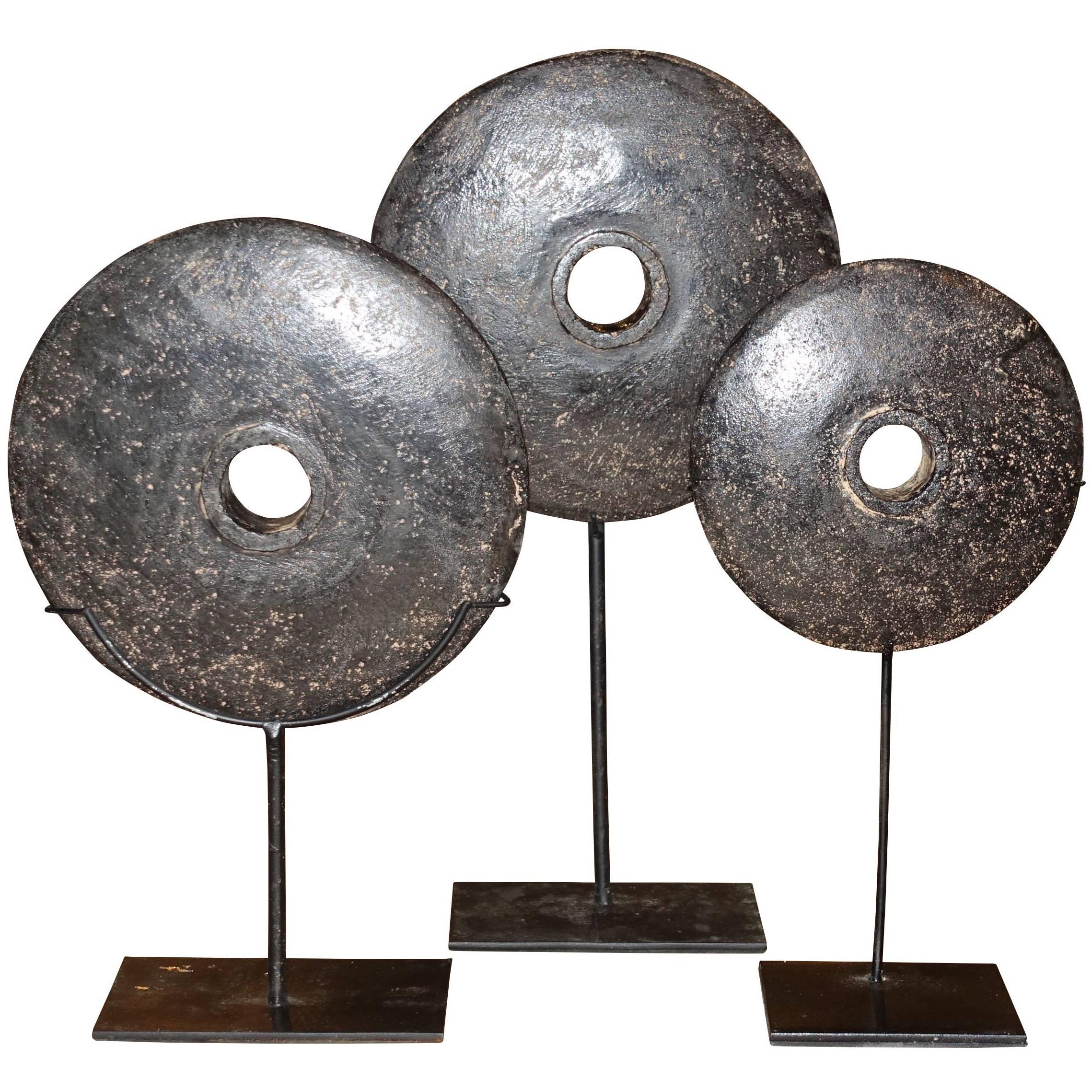 19th Century Set of Three Black Stone Coins on Stands, Indonesia