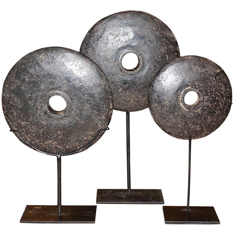 19th Century Set of Three Black Stone Coins on Stands, Indonesia For Sale