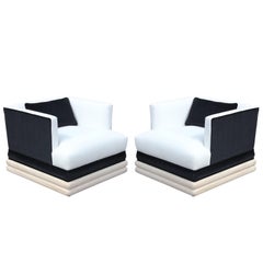 Pair of Modern Square Lounge Chairs with Bleached Wood Black and White Velvet
