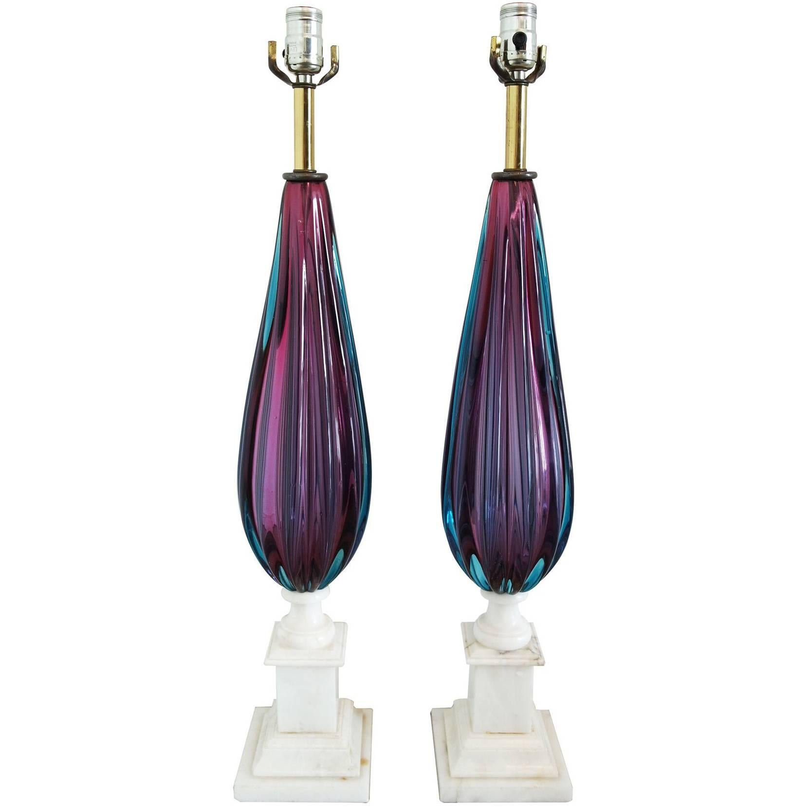 Pair of Purple and Teal Murano Glass Lamps on White Marble Bases For Sale
