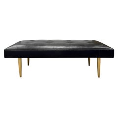 Milo Baughman Black Leather Bench with Brass Legs, 1950s