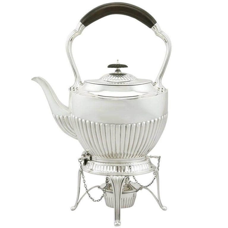 1900s Antique Edwardian Sterling Silver Spirit Tea Kettle in Queen Anne