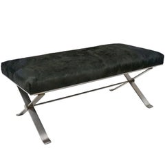 Mid-Century Modern Steel X-Form Bench with Black Horse Hair Upholstered Seat