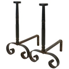 Pair of Scroll Form Steel Andirons, France, circa 1900